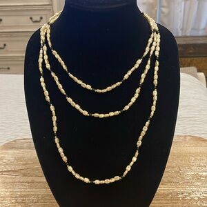 Vintage Beaded White Cream Black Beaded Long Statement Necklace